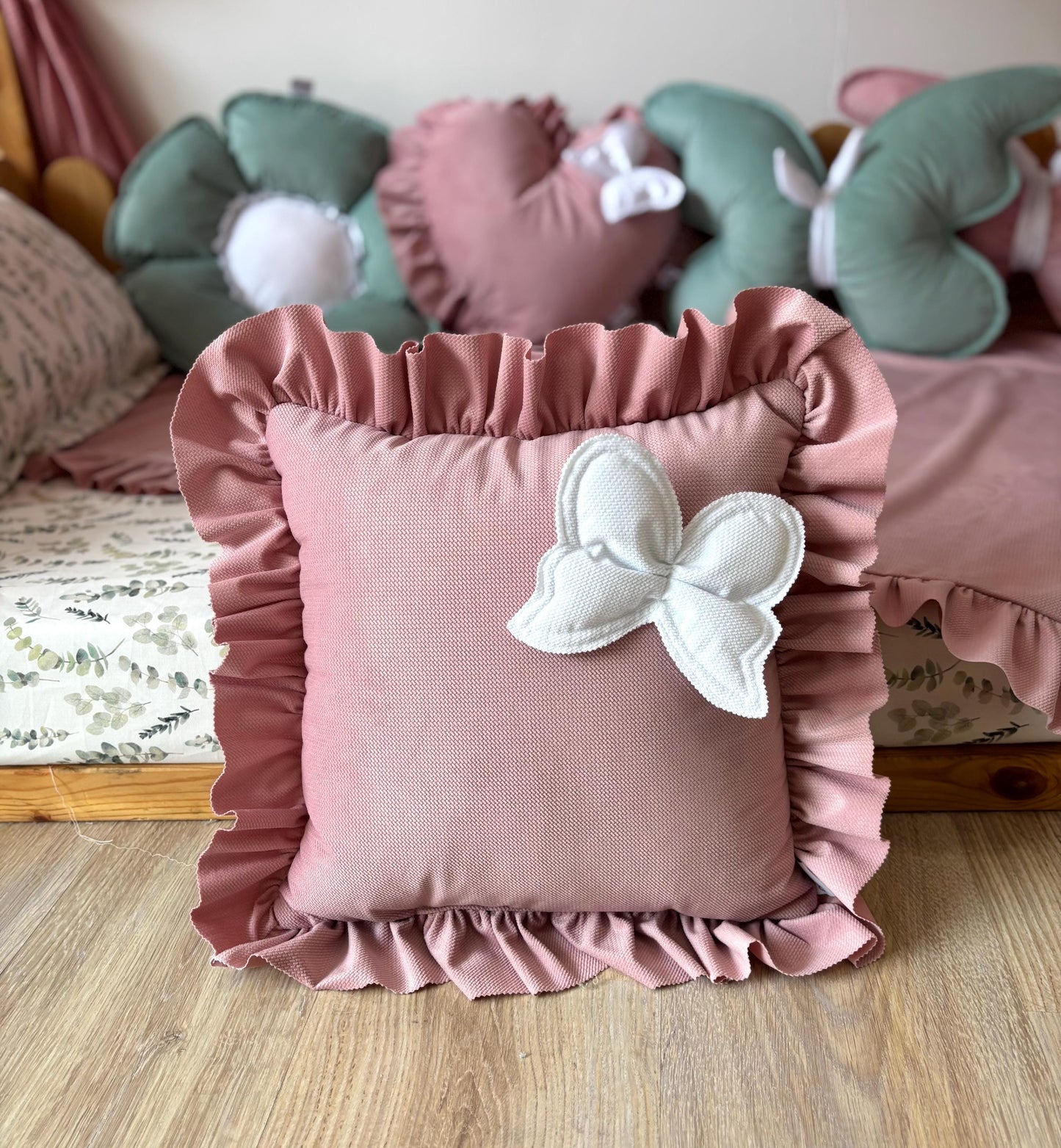 Kids Decorative Butterfly Pillow, Kids Room Decor Cushion with ruffles, Romantic Themed Children's Room, Handmade Flower Pillow