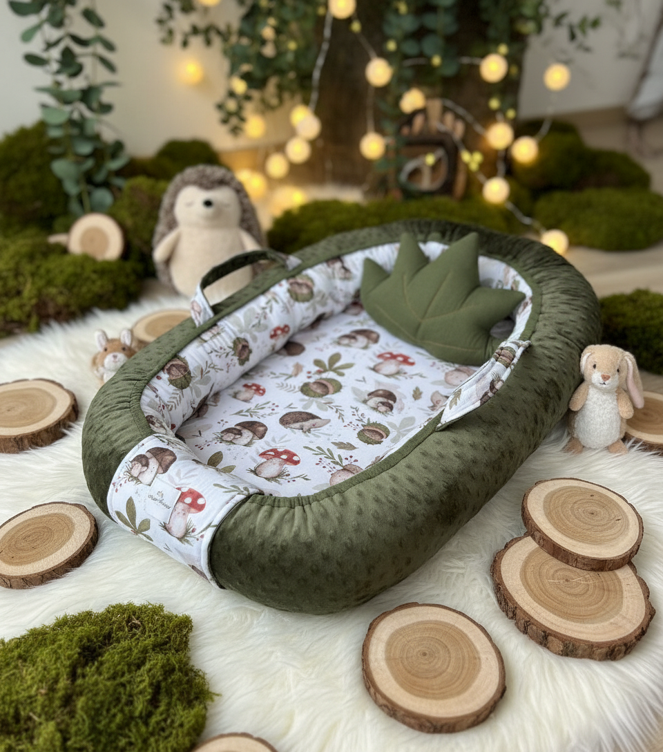 Handmade Baby Nest – Woodland Cotton Muslin | Newborn Lounger for Crib