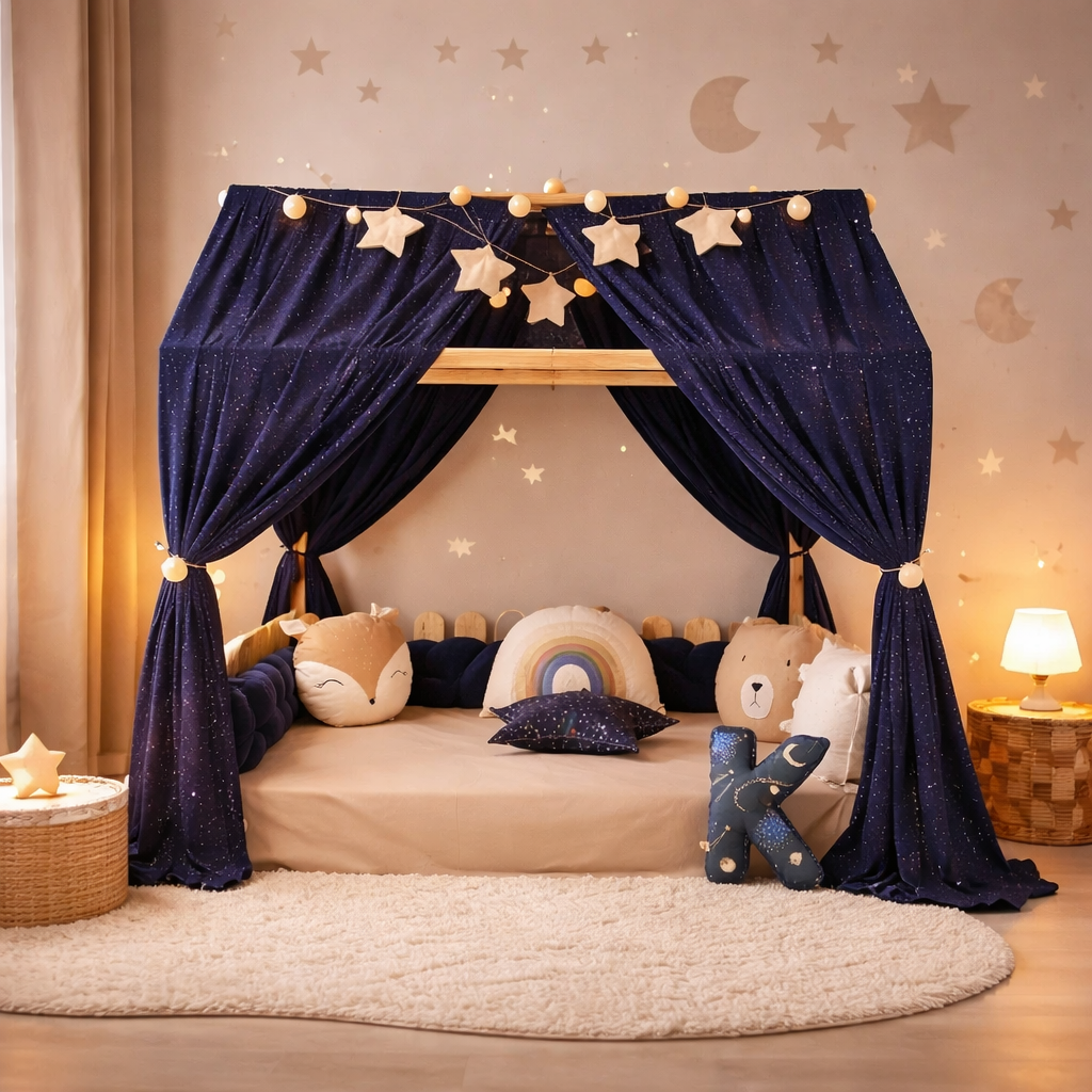 Handmade kids bed canopy with starry night curtains on a wooden house bed