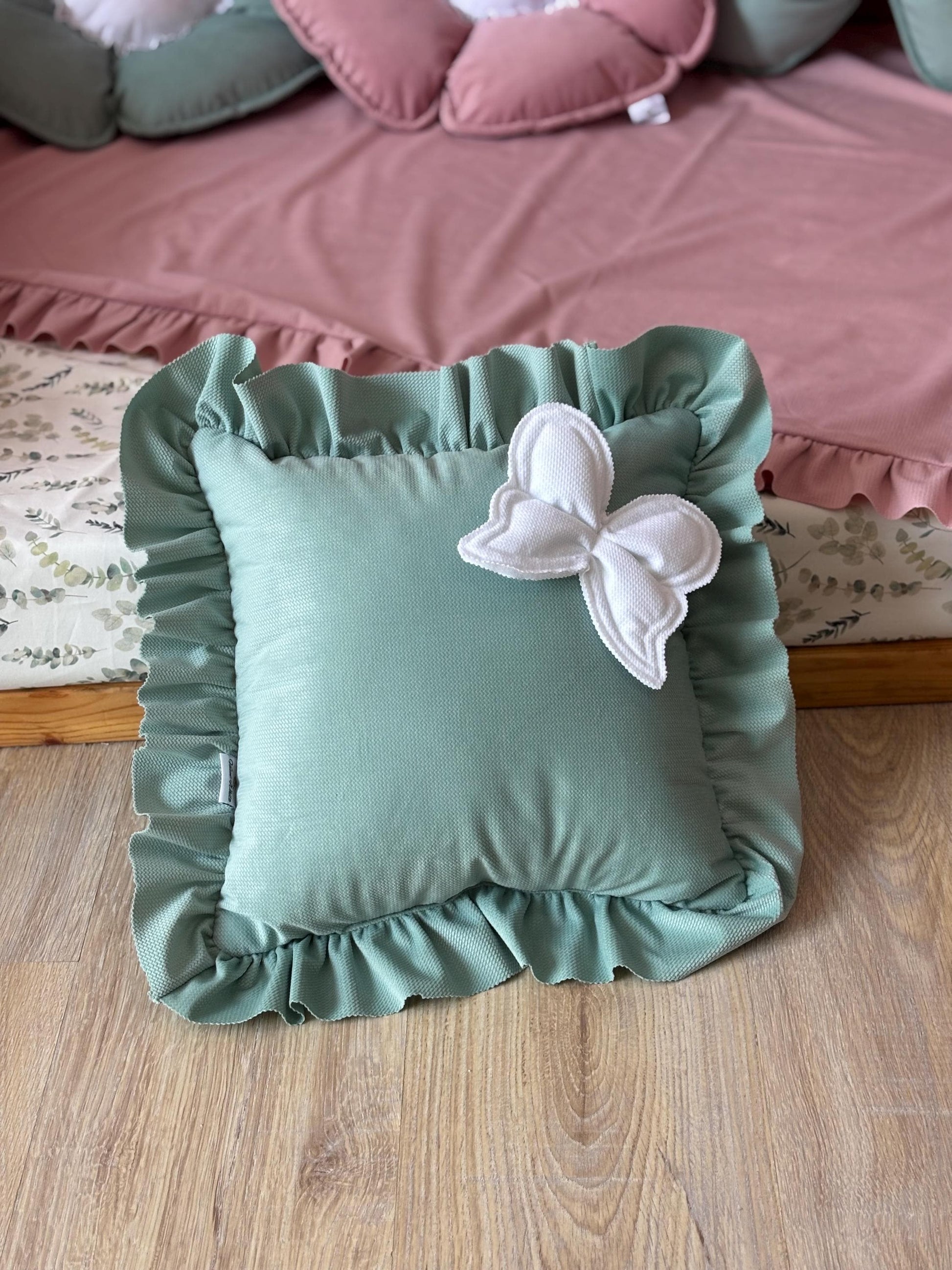 Kids Decorative Butterfly Pillow, Kids Room Decor Cushion with ruffles, Romantic Themed Children's Room, Handmade Flower Pillow