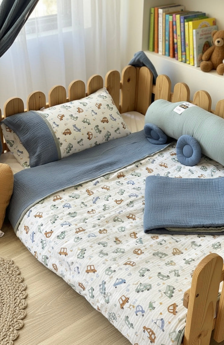 Handmade cotton muslin toddler duvet cover set with cars print styling on wooden Montessori kids bed