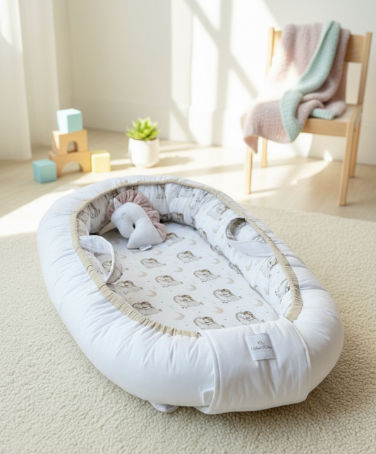 Handmade Baby Nest – Unicorn Cotton Muslin | Newborn Lounger for Crib