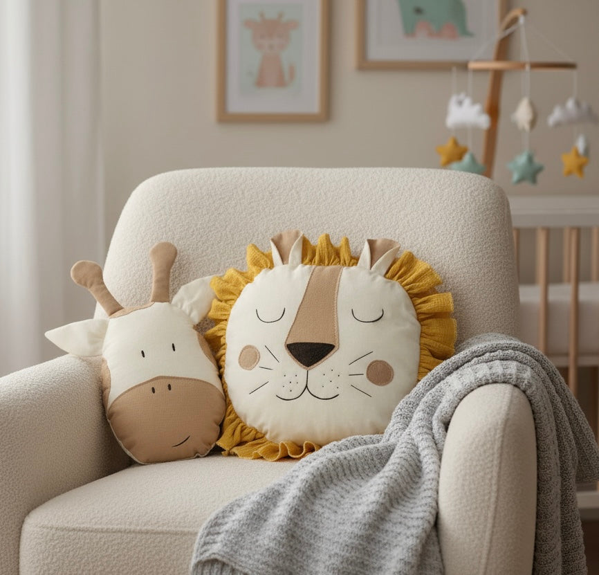 Soft handmade lion and giraffe decorative pillows styled on a cozy nursery armchair, adding warm and playful character to a baby’s room.