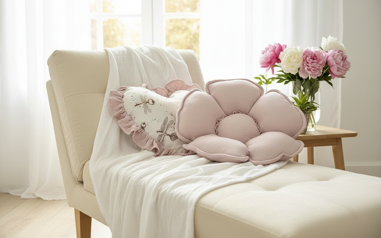 Decorative pillows on a chair with a vase of flowers in the background