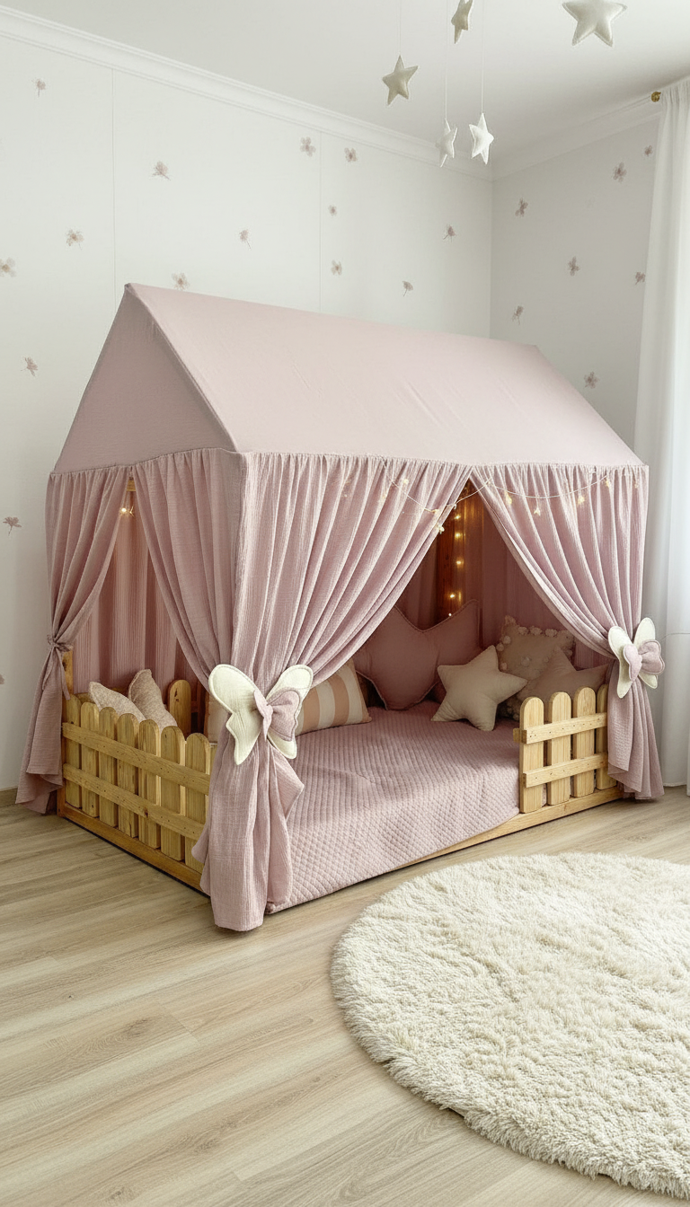 Soft 100% cotton muslin canopy fabric in dusty rose with bow ties and flower garland detail.