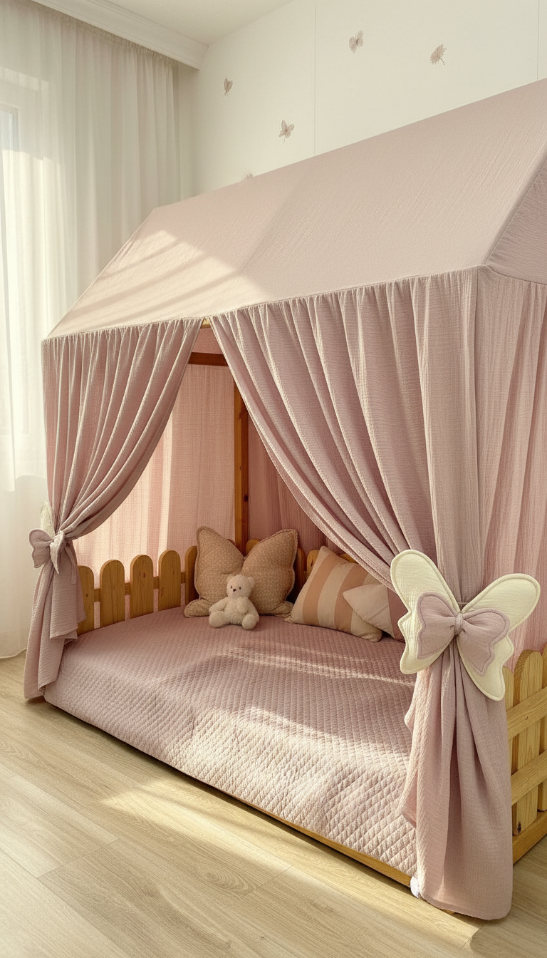 Soft 100% cotton muslin canopy fabric in dusty rose with bow ties and flower garland detail.