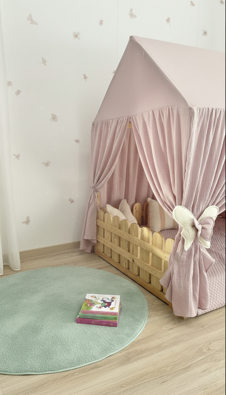 Soft 100% cotton muslin canopy fabric in dusty rose with bow ties and flower garland detail.