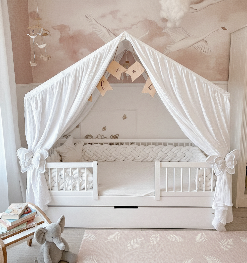 White / Golden Dots: White muslin canopy with golden dots, dreamy canopy tent for girls’ room.