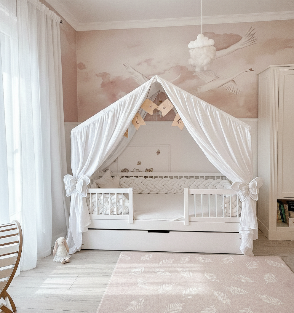 Elegant handmade muslin princess bed canopy in soft pink, draped over a kids’ house bed with fairy lights and pillows.