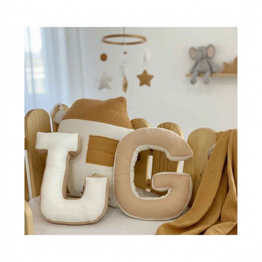 Decorative pillows with letters 'T' and 'G' in a child's room setting.