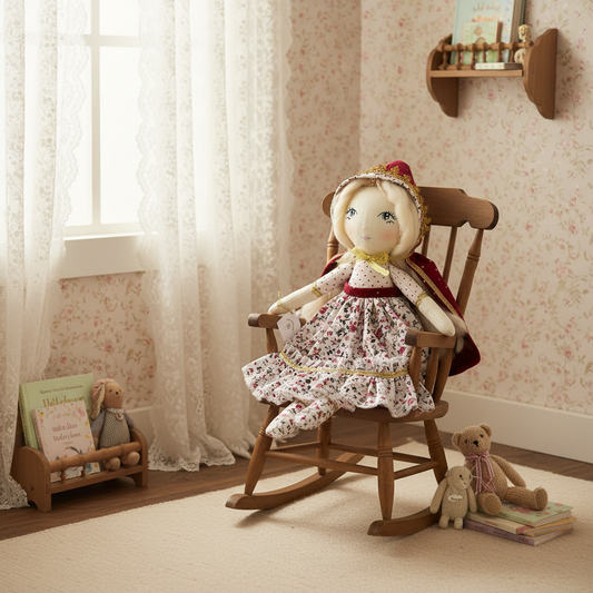 Velvet White handmade rag doll with red hoodie and floral skirt, long hair, hand embroidered stitched face