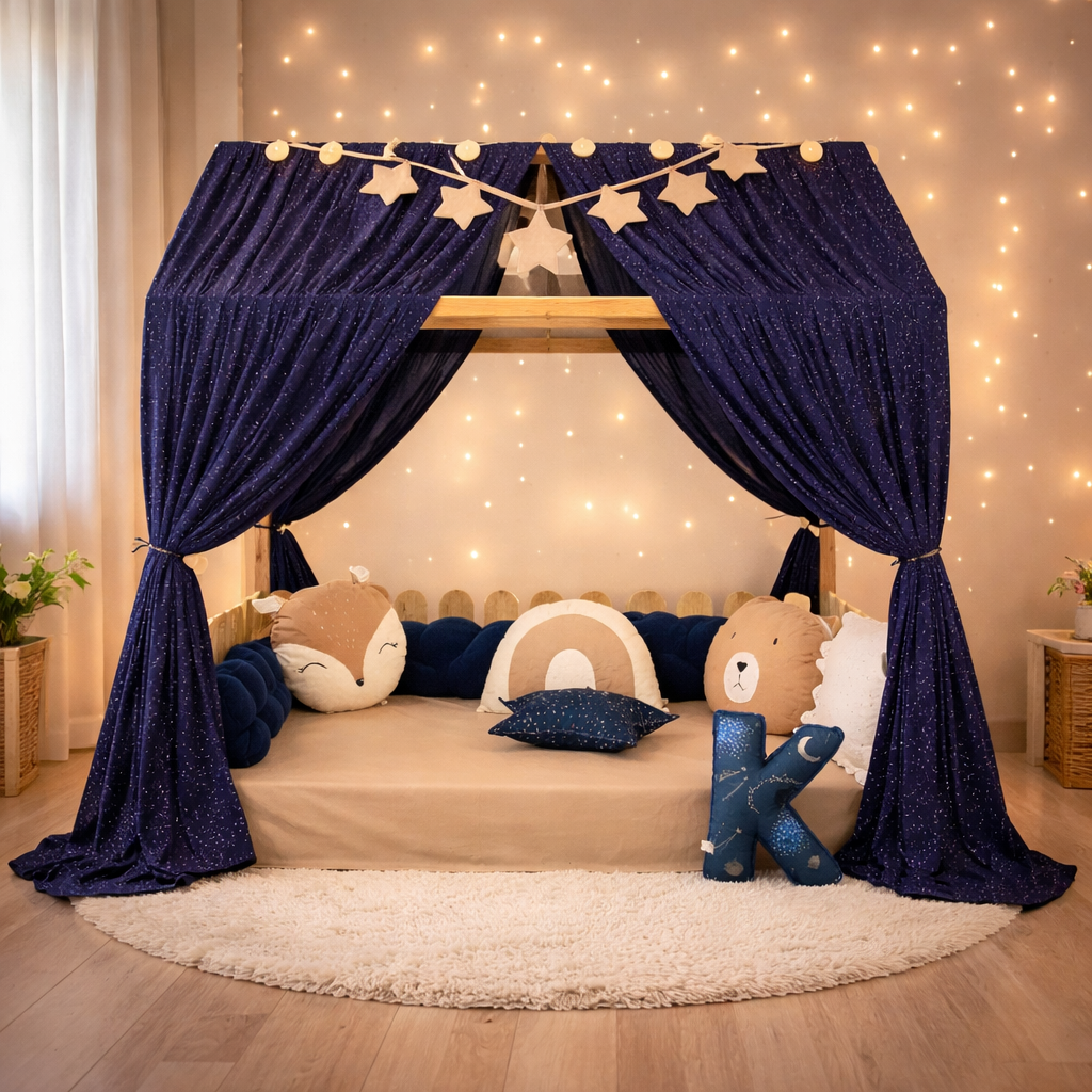 Handmade kids bed canopy with starry night curtains on a wooden house bed