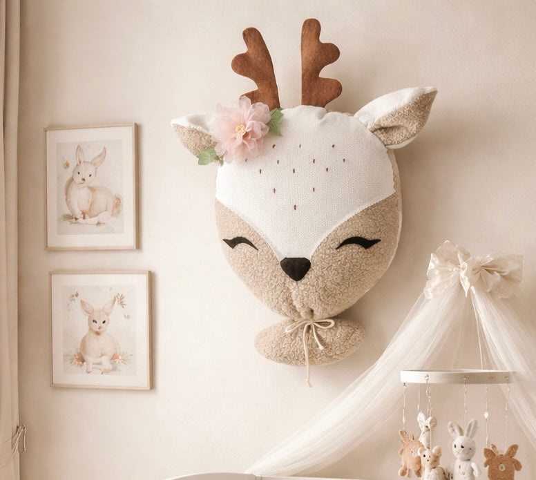 Handmade deer wall decor for kids nursery with soft fabric and neutral colors