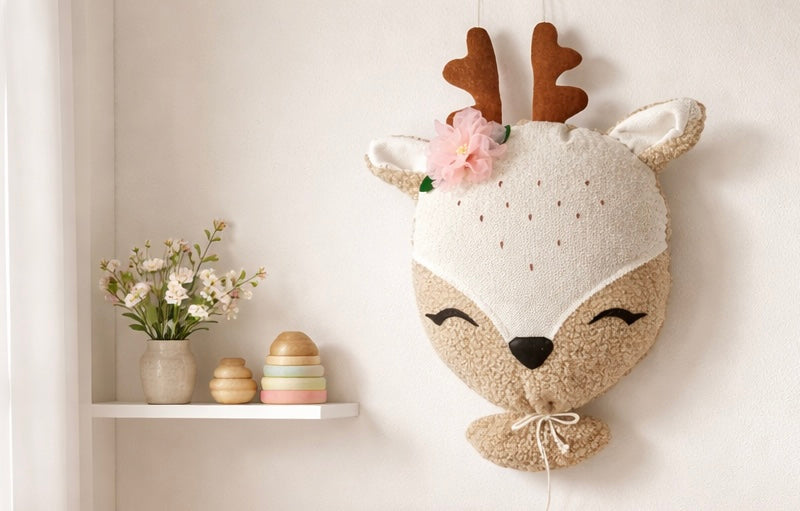 Handmade deer wall decor for kids nursery with soft fabric and neutral colors