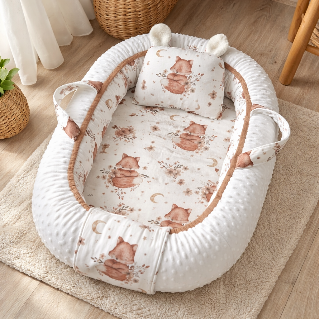 Woodland fox baby nest handmade cotton newborn lounger with white minky border