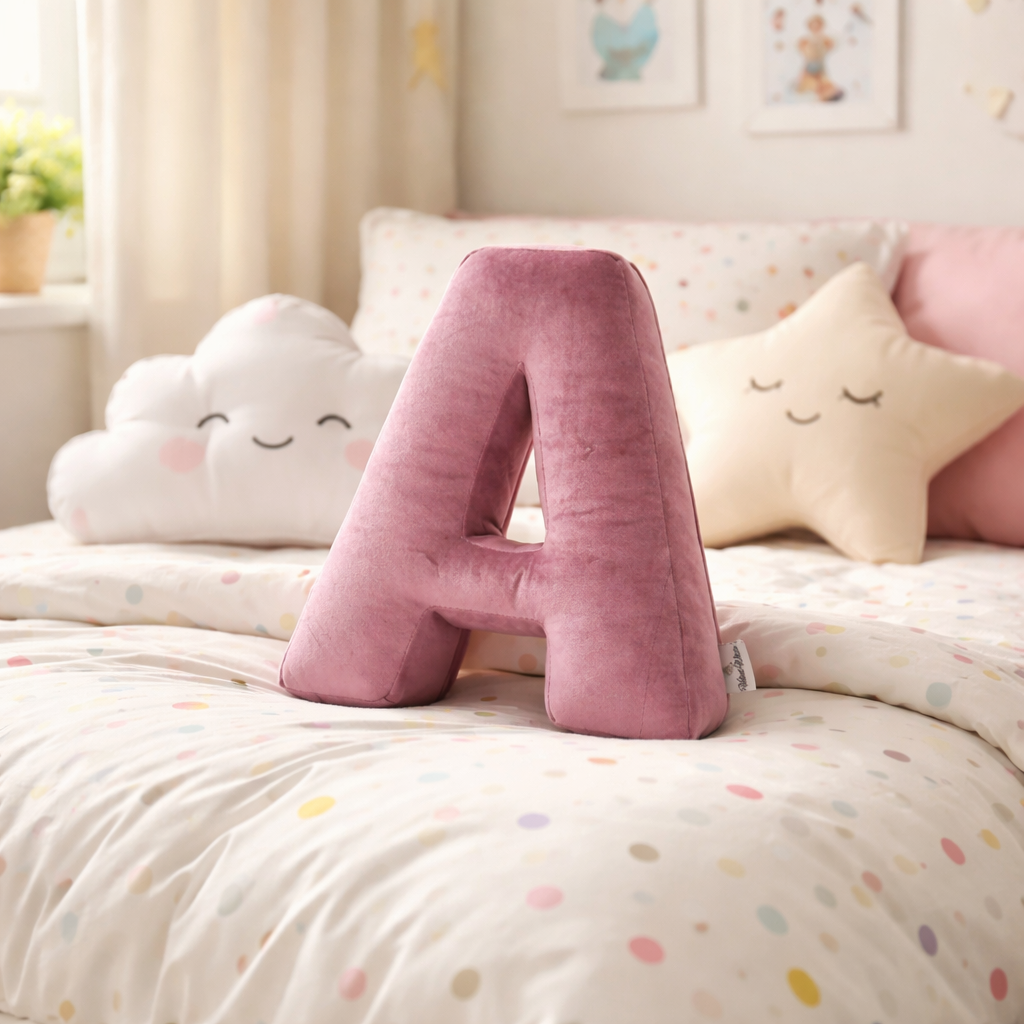 Pink velvet personalized letter A pillow for nursery decor on toddler bed