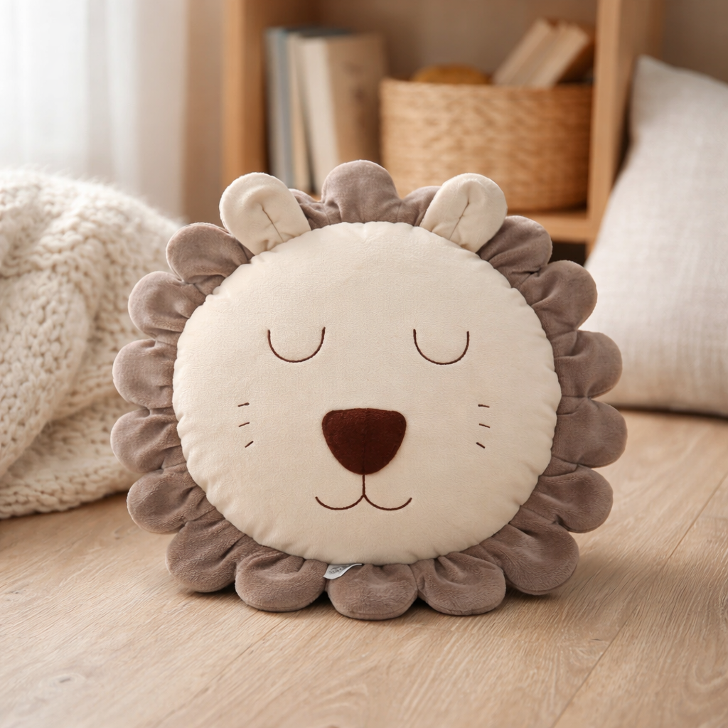 Handmade lion pillow in neutral tones for safari nursery decor in kids room