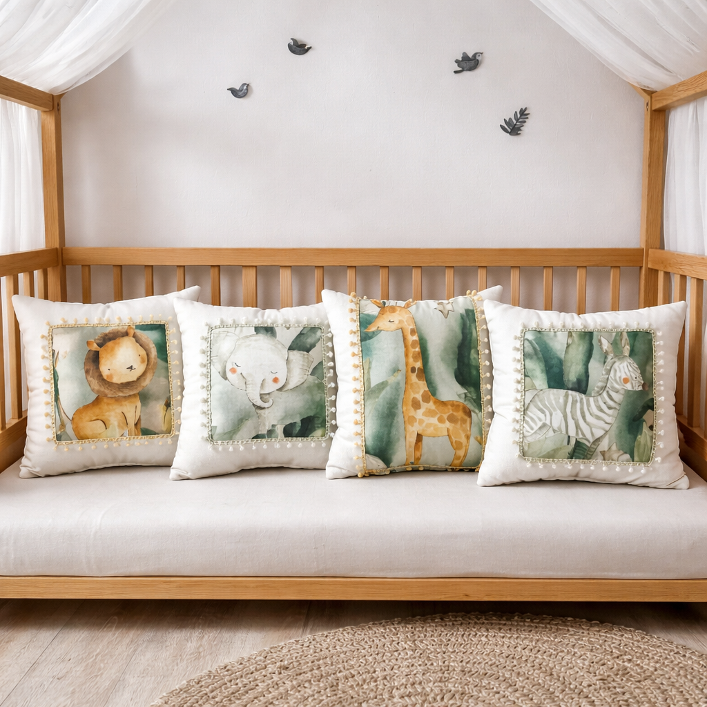 Safari nursery pillow set with lion, elephant, giraffe and zebra design in neutral kids room