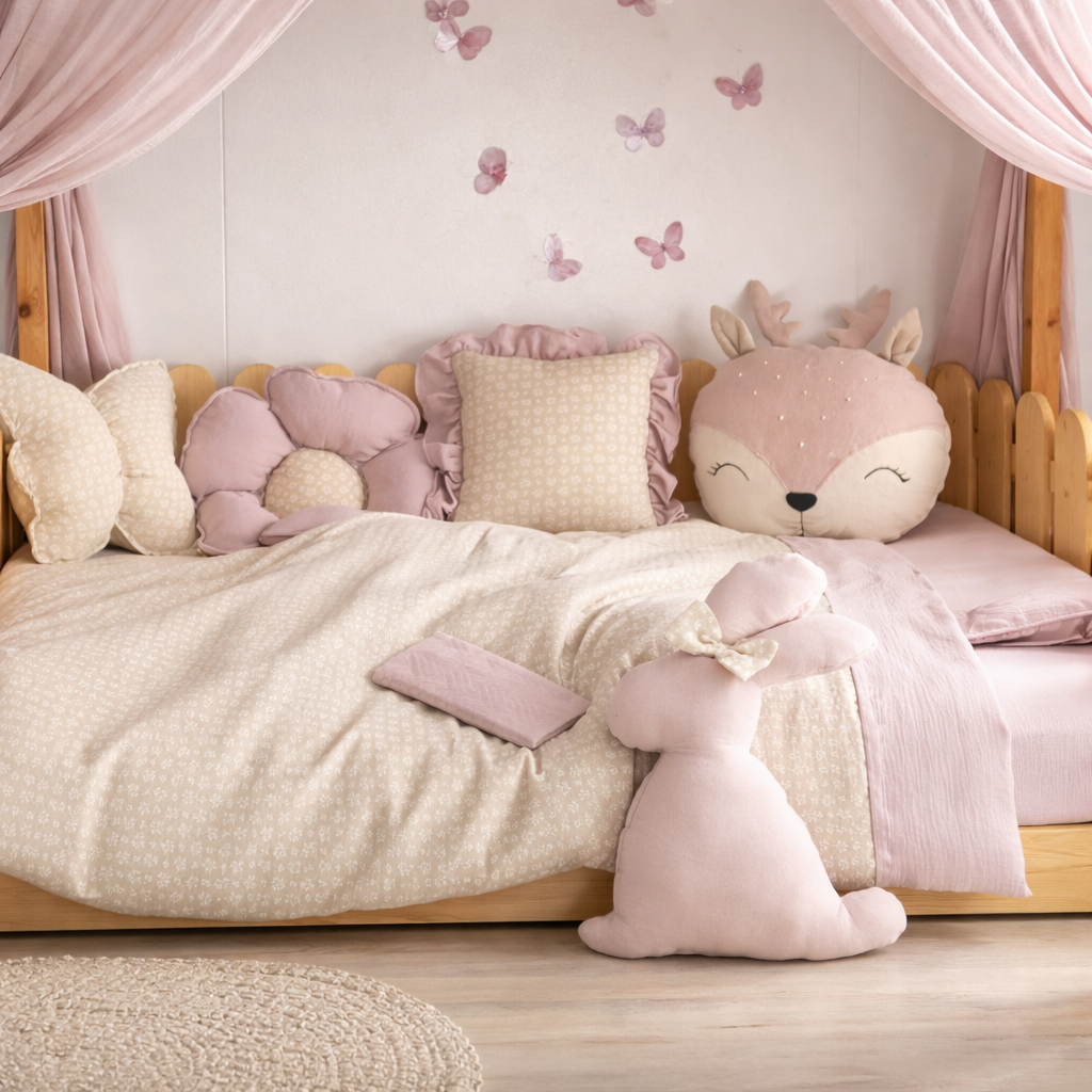 Children's bedroom with pink and white bedding, plush toys, and butterfly decals on the wall.