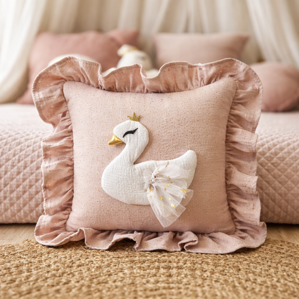 Swan Nursery Pillow with Ruffles – Luxury Baby Girl Decorative Cushion