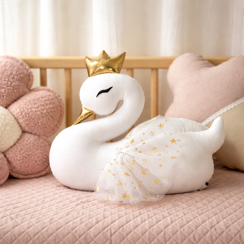 Swan Nursery Pillow with Ruffles – Luxury Baby Girl Decorative Cushion