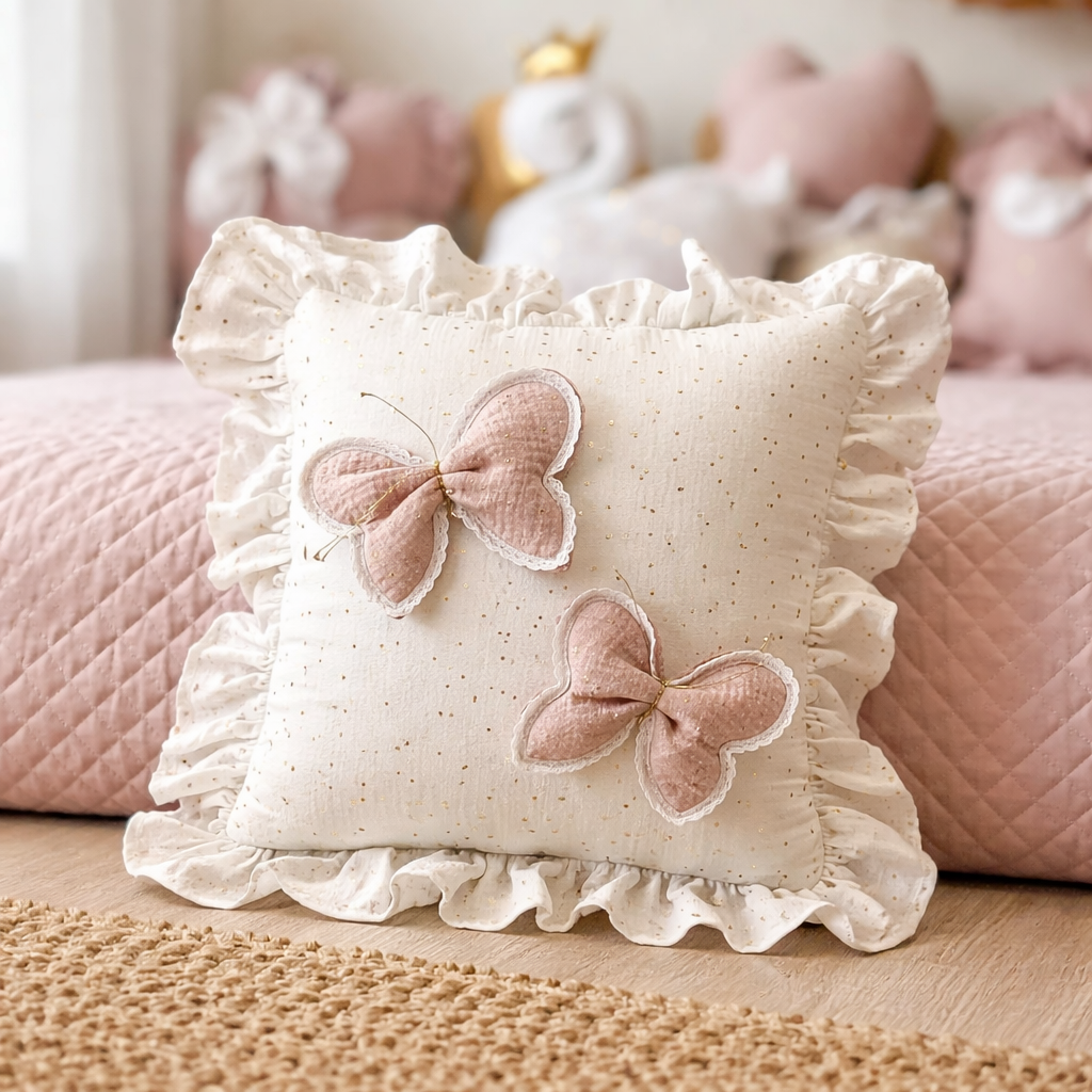 Swan Nursery Pillow with Ruffles – Luxury Baby Girl Decorative Cushion