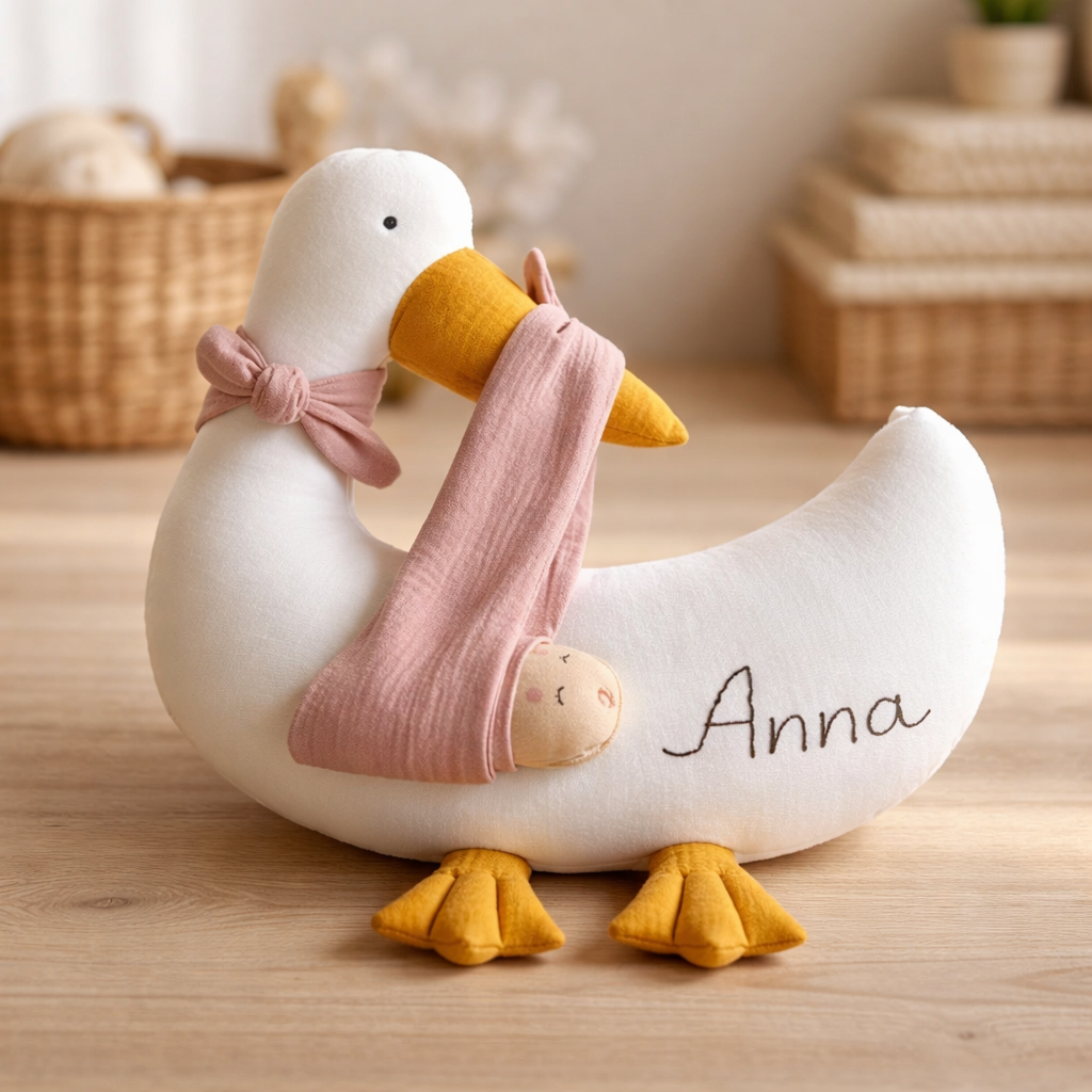 White plush duck toy with a pink blanket and 'Anna' embroidered on it, placed on a wooden surface.