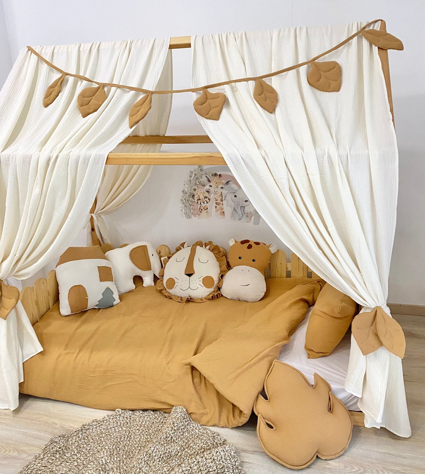 Neutral nursery play corner with natural textures
